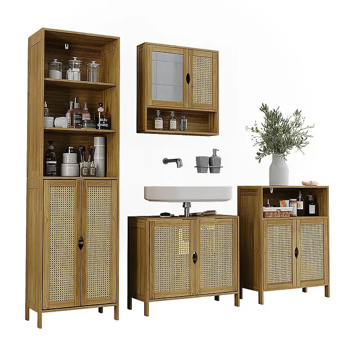 Vicco Badmöbel-Set - Bambus, Matt - Badmöbel-Set aus hellem Holz mit Rattan-Akzenten: Hochschrank, Wandschrank, Waschtisch und Beistellschrank.