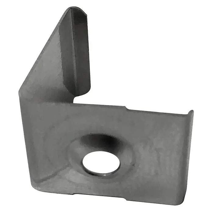 Alverlamp Grapa sujeción perfil esquina LPESQ01 - Largo: 17 mm - Un clip de montaje gris con un orificio central, diseñado para diversos fines de fijación y sujeción.