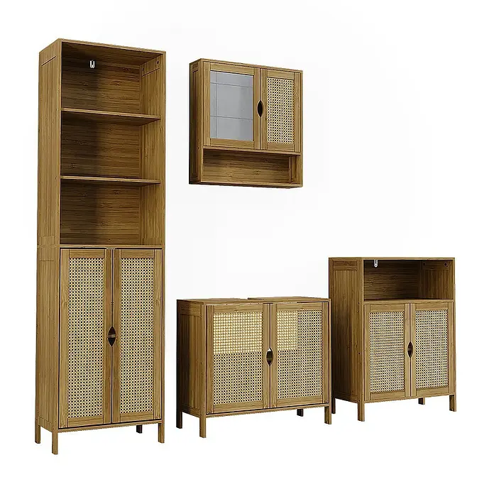 Vicco Badmöbel-Set - Bambus, Matt - Set aus Naturholz- und Rattanmöbeln: hohes Regal, Wandschrank mit Glas- und Rattantüren und zwei niedrige Aufbewahrungsschränke.