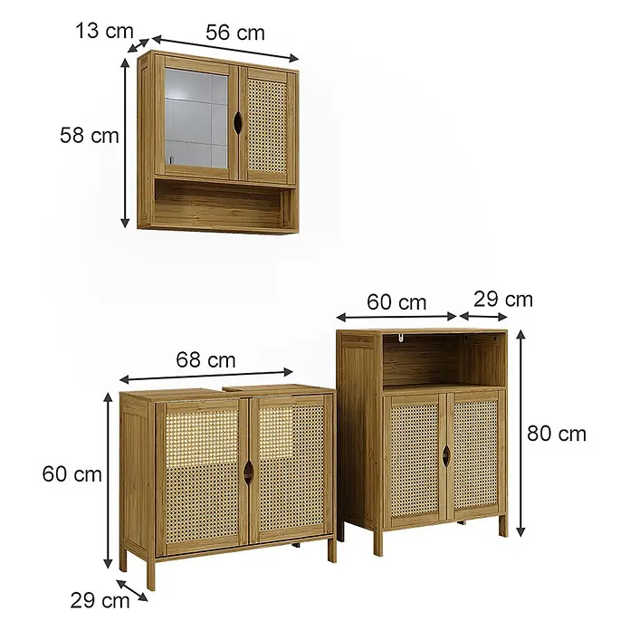 Vicco Badmöbel-Set - Bambus, Matt - Set aus Naturholz- und Rattanschränken: ein Wandschrank, ein niedriger Schrank und ein Hochschrank mit offenem Fach.
