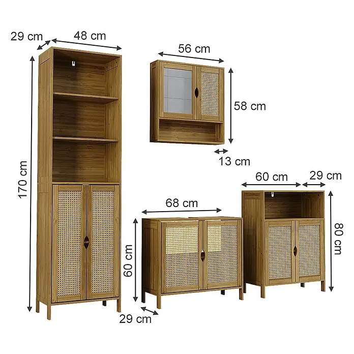 Vicco Badmöbel-Set - Bambus, Matt - Helles Holz- und Rattanmöbelset mit Maßen: ein hohes Regal, ein Hängeschrank und zwei Unterschränke, alle mit Stauraum.