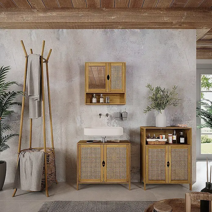 Vicco Badmöbel-Set - Bambus, Matt - Badezimmer mit Bambus- und Rattan-Waschtisch, passendem Wandschrank, Beistellschrank und Handtuchständer mit Korb.