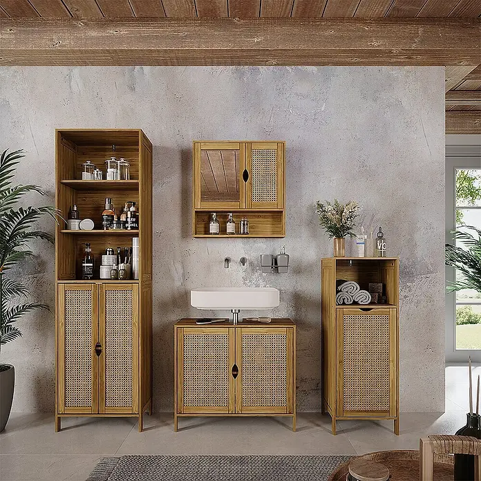 Vicco Badmöbel-Set - Bambus, Matt - Badezimmermöbelset aus Holz mit Rattanfronten, bestehend aus Waschtischunterschrank, Wandschrank und Aufbewahrungsschränken.
