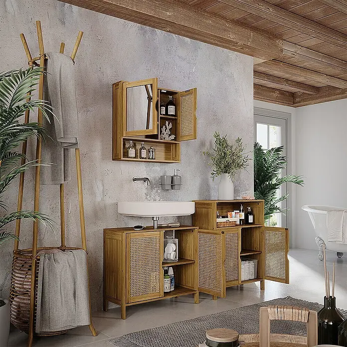 Vicco Badmöbel-Set - Bambus, Matt - Badezimmermöbel aus natürlichem Bambus und Rattan: Spiegelschrank, zwei Unterschränke und ein Kleiderständer.