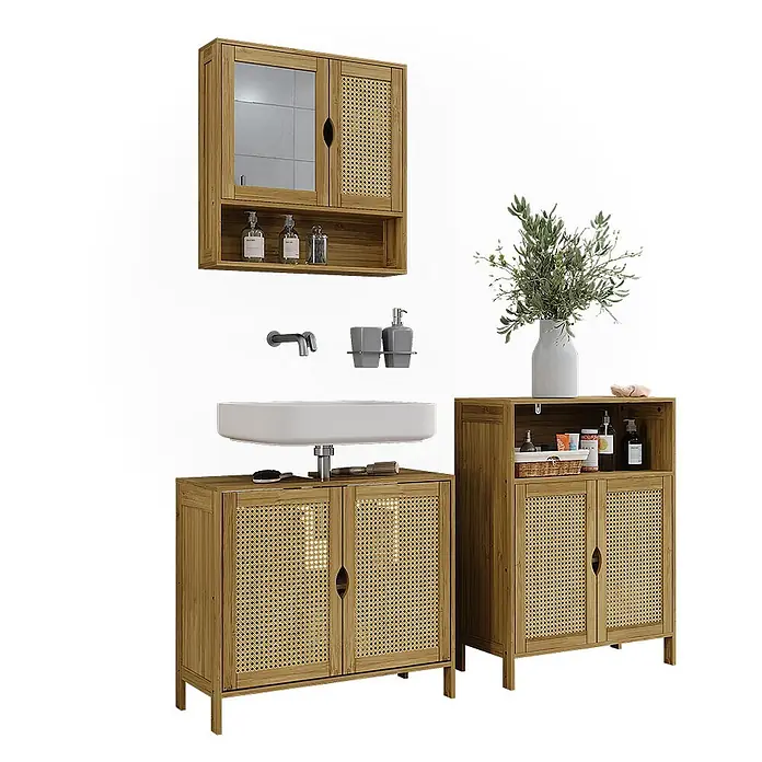 Vicco Badmöbel-Set - Bambus, Matt - Badezimmermöbel-Set aus Holz mit Rattan-Akzenten, inklusive Wandspiegelschrank, Waschbeckenunterschrank und Beistellschrank.