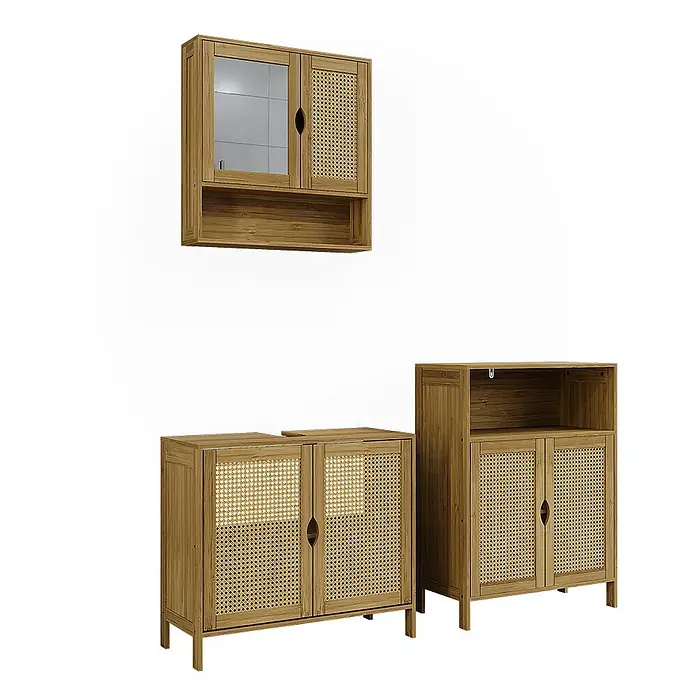 Vicco Badmöbel-Set - Bambus, Matt - Set aus hellen Holz-Badezimmerschränken mit Rattanfronten, bestehend aus Spiegelschrank, Waschtischunterschrank und Kommode.