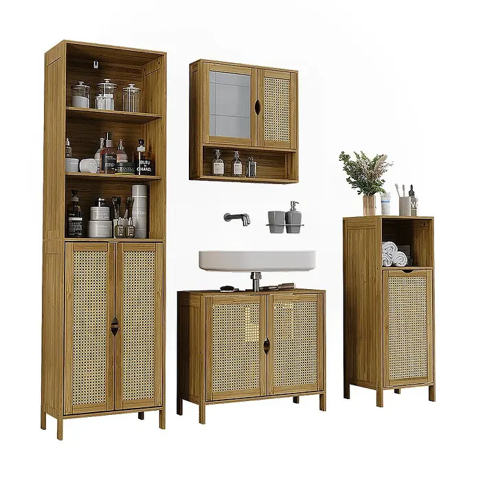 Vicco Badmöbel-Set - Bambus, Matt - Badezimmermöbel-Set aus natürlichem Bambus mit Rattangeflecht, bestehend aus Hochschrank, Wandschrank, Waschtischunterschrank und Beistellschrank.