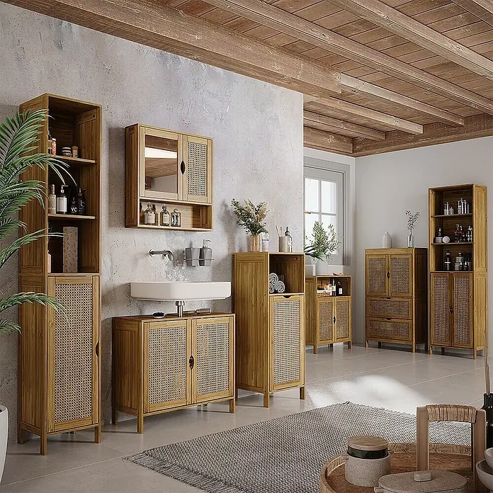 Vicco Badmöbel-Set - Bambus, Matt - Bambus- und Rattan-Badezimmermöbelkollektion in einem rustikalen Ambiente.