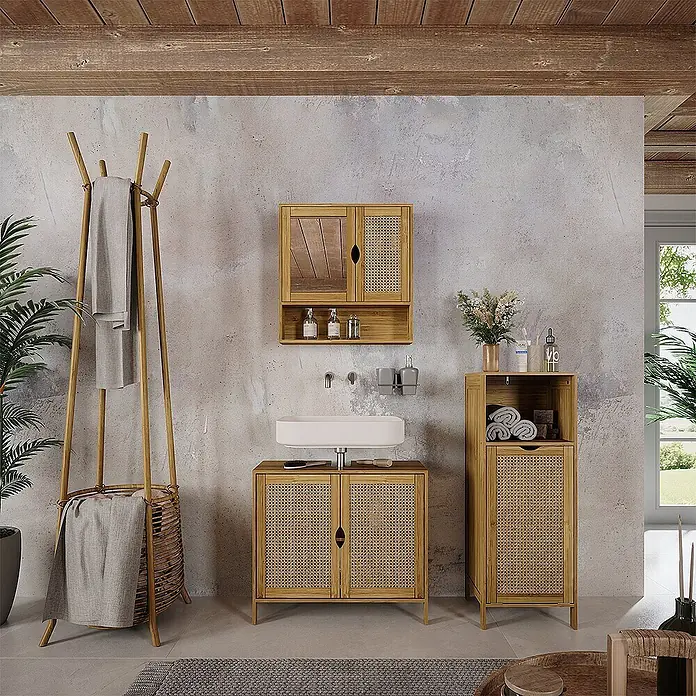 Vicco Badmöbel-Set - Bambus, Matt - Badezimmermöbel-Set aus natürlichem Bambus und Rattan mit Waschtisch, Wandschrank und Hochschrank in rustikalem Badambiente.