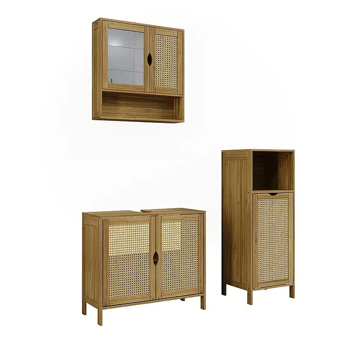 Vicco Badmöbel-Set - Bambus, Matt - Set aus drei Bambus-Badschränken mit Rattangeflecht: ein Wandschrank mit Spiegel, ein Waschtischunterschrank und ein hoher Hochschrank.