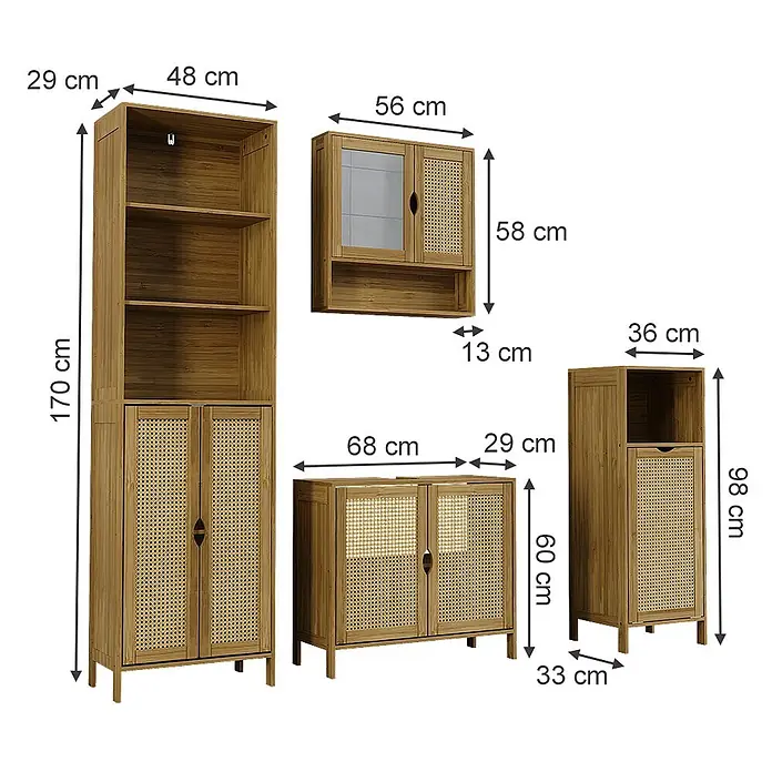 Vicco Badmöbel-Set - Bambus, Matt - Ein Set aus natürlichen Holz- und Rattan-Aufbewahrungsmöbeln: ein hoher Schrank, Wandschrank, Sideboard und kleinerer Schrank.