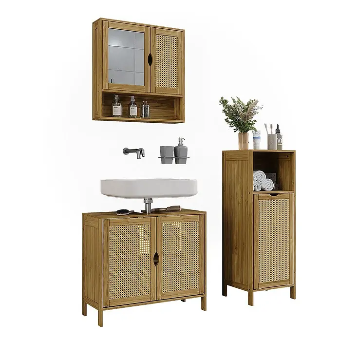 Vicco Badmöbel-Set - Bambus, Matt - Hellbraunes Bambus-Badezimmermöbel-Set mit Rattangeflecht: Wandschrank, Waschbeckenunterschrank und Hochschrank.