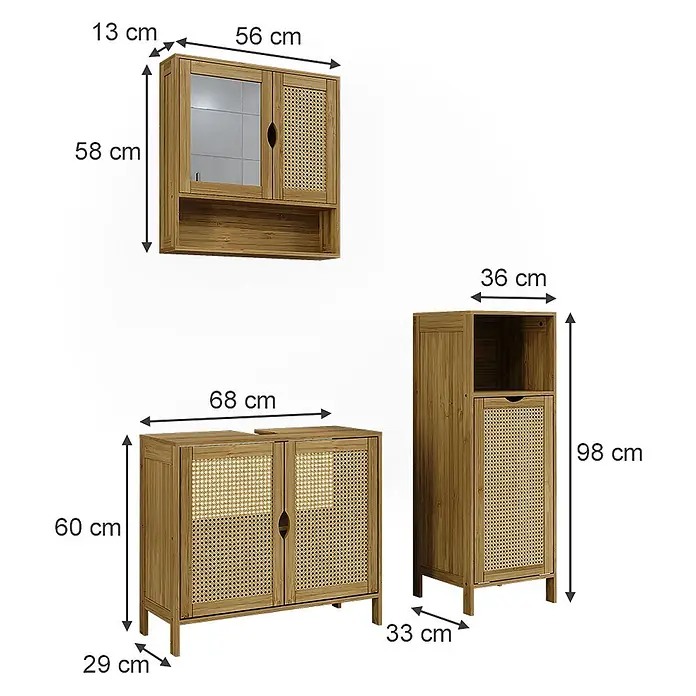 Vicco Badmöbel-Set - Bambus, Matt - Dreiteiliges Badmöbel-Set aus Bambus mit geflochtenen Rattan-Akzenten.