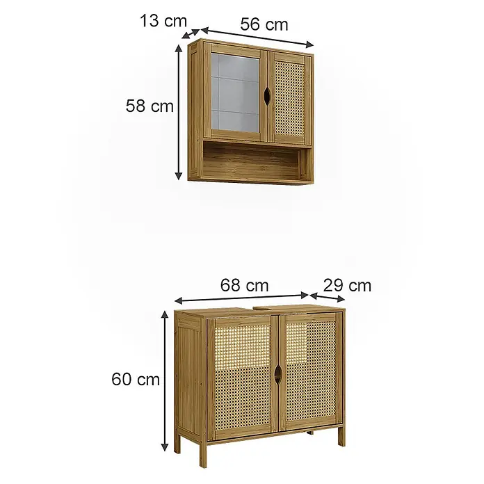 Vicco Badmöbel-Set - Bambus, Matt - Helle Holz-Badezimmerschränke mit Maßen: Wandschrank (Glas/Rattantür) und Unterschrank (Rattantüren).