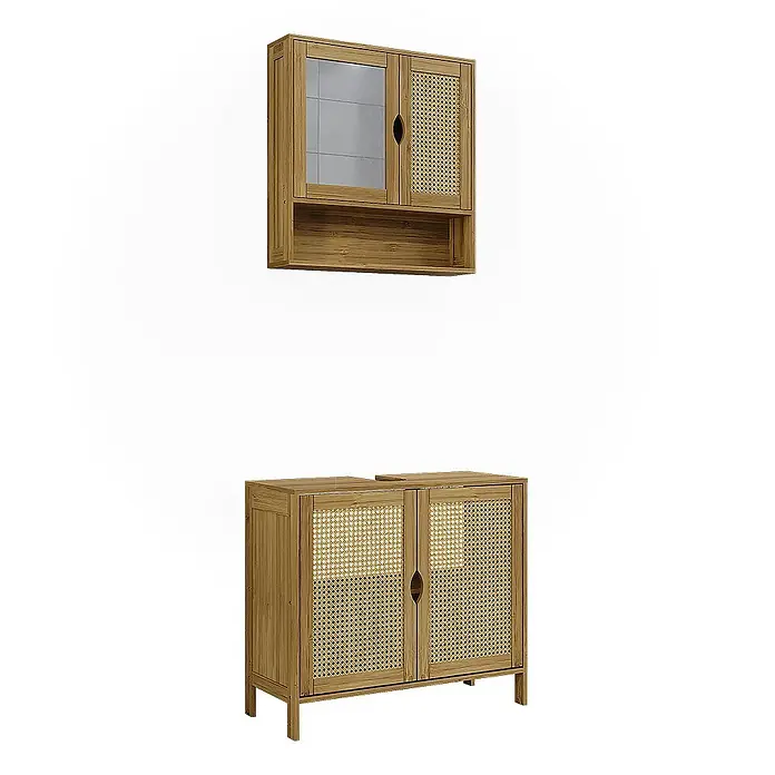 Vicco Badmöbel-Set - Bambus, Matt - Zwei Badezimmerschränke aus Naturholz und Rattan: ein Hängeschrank mit Glas-/Rattantüren und Ablage, und ein Waschtischunterschrank.