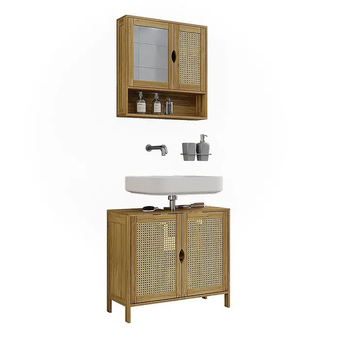 Vicco Badmöbel-Set - Bambus, Matt - Natürliches Badmöbel-Set aus Holz mit Wiener Geflecht, bestehend aus einem Wandschrank, Waschbecken und Unterschrank.