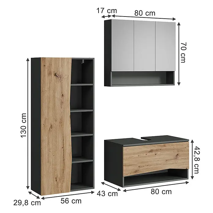 Vicco Badmöbel-Set - Artisan-Eiche, Matt - Dunkelgraue und holzfarbene Badezimmermöbel: Hochschrank, Wandschrank und Waschtischunterschrank mit Maßen.