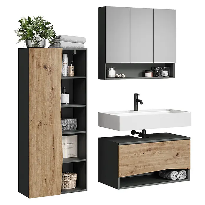 Vicco Badmöbel-Set - Artisan-Eiche, Matt - Badezimmermöbel-Set: dunkelgrauer und holzfarbener Hochschrank, Spiegelschrank und Waschtischunterschrank mit weißem Waschbecken.
