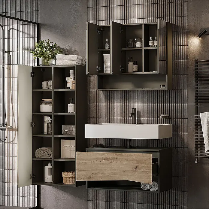 Vicco Badmöbel-Set - Artisan-Eiche, Matt - Modernes dunkelgrau-Holz Badmöbelset: Hochschrank, Wandschrank, Waschtisch mit Schublade und weißem Waschbecken, mit Accessoires.