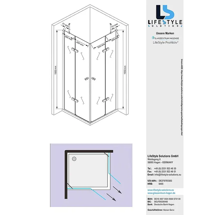 Glaszentrum Hagen Eckdusche 80x80x195 cm DEMETER EckDuschkabine inkl. Tasse - 80 x 80 x 195 cm, Imprägniert, Farblos, Stärke: 8 mm - Gläserne Eckduschkabine mit zwei Pendeltüren und Wandprofilen, Maße enthalten.