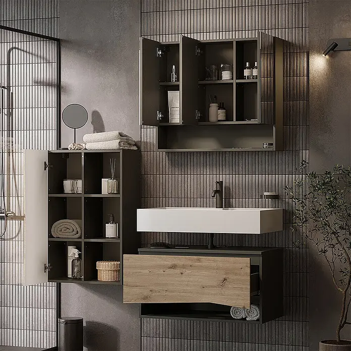 Vicco Badmöbel-Set - Artisan-Eiche, Matt - Moderner dunkelgrauer Badunterschrank mit weißem Waschbecken, Holzschublade und passenden Wandschränken, einer mit Spiegeltüren, in einem stilvollen Bad.