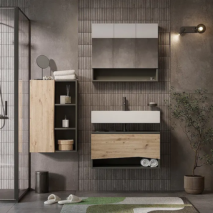 Vicco Badmöbel-Set - Artisan-Eiche, Matt - Modernes Badmöbelset mit weißem Waschbecken, Holzschublade und dunkelgrauen Schränken.