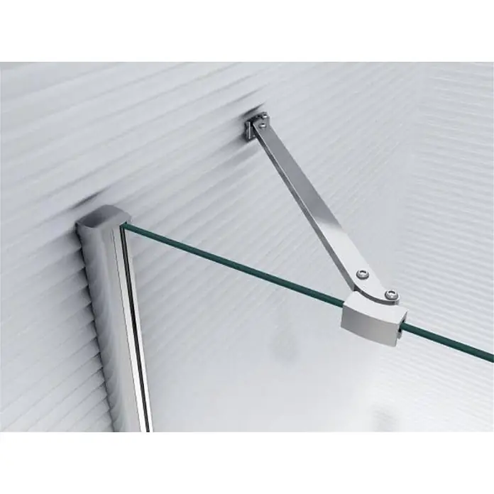Glaszentrum Hagen Eckdusche 80x80x195 cm DEMETER EckDuschkabine inkl. Tasse - 80 x 80 x 195 cm, Imprägniert, Farblos, Stärke: 8 mm - Silberner Metall-Stützarm und vertikales Profil stabilisieren eine Duschglasplatte an einer gerippten Wand.