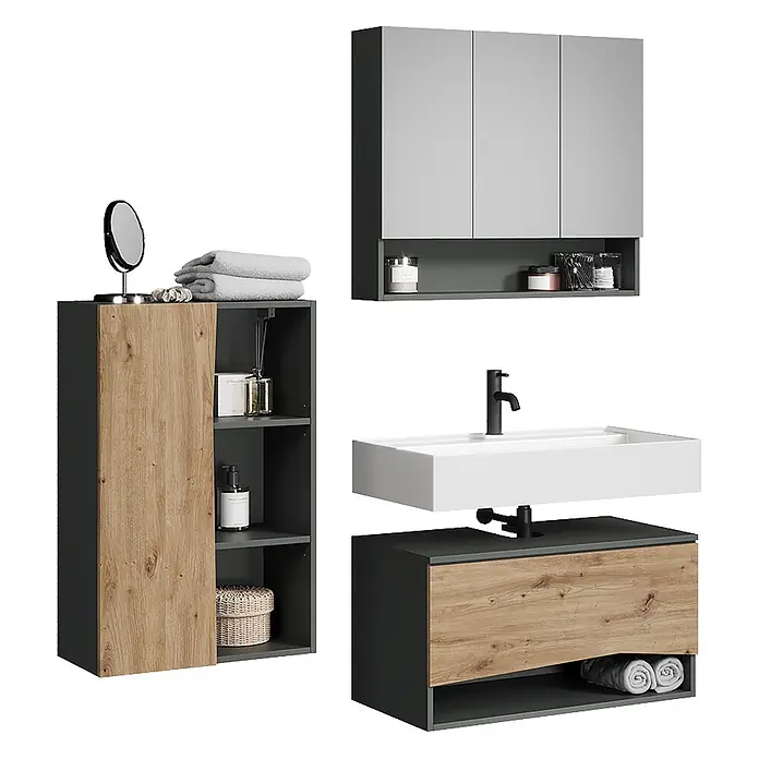 Vicco Badmöbel-Set - Artisan-Eiche, Matt - Modernes Badmöbelset in Dunkelgrau und Holzoptik mit Spiegelschrank, Hochschrank und Waschtisch mit weißem Becken und schwarzer Armatur.