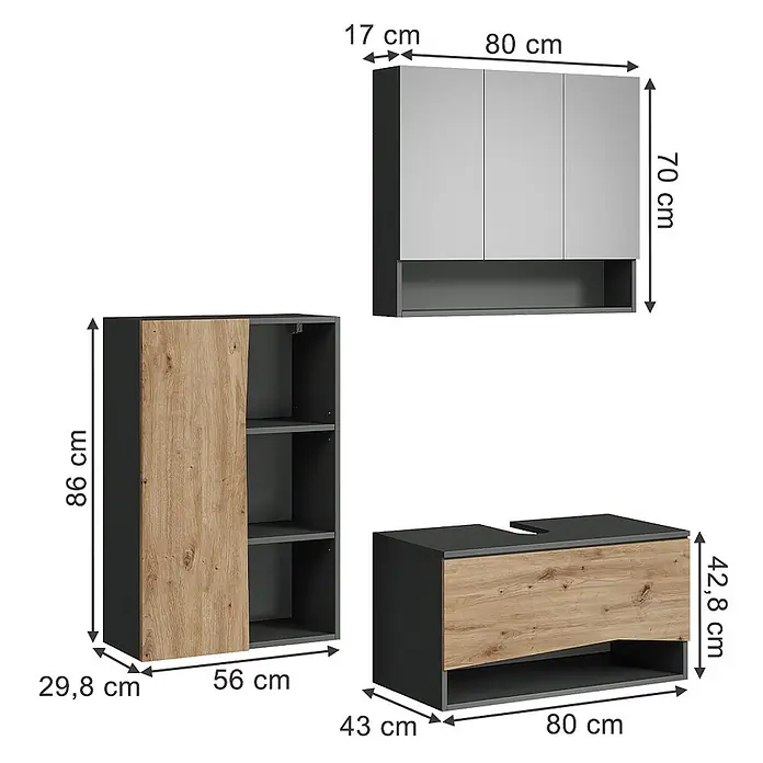 Vicco Badmöbel-Set - Artisan-Eiche, Matt - Set grauer und holzfarbener Badmöbel: Hängeschrank, Hochschrank und Waschtischunterschrank mit Spülenausschnitt.