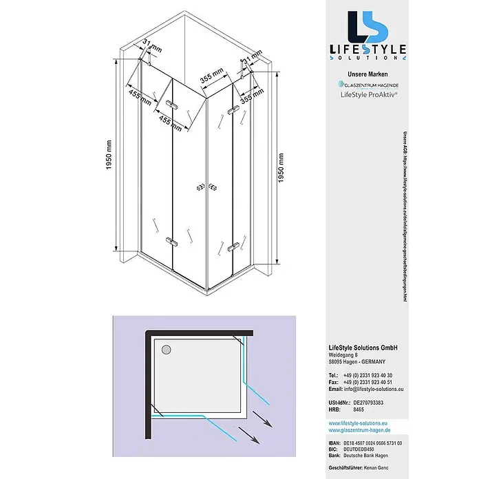 Glaszentrum Hagen Eckdusche 100x80x195 cm DEMETER EckDuschkabine inkl. Tasse + Siphon - 80 x 100 x 195 cm, Imprägniert, Farblos, Stärke: 8 mm - Eckduschkabine mit aufklappbaren Glastüren und Maßen, 1950 mm hoch. Die Skizze zeigt die Installation in einer Ecke.