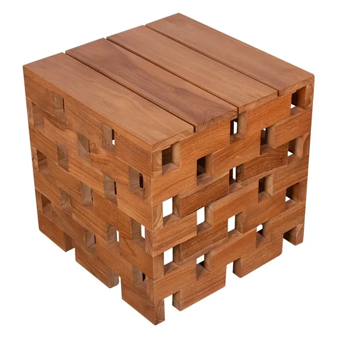 Bene Living Garten-Beistelltisch Dunham - Teakholz, Quadratisch, Natur - Brauner Holzwürfel-Beistelltisch mit Lattenplatte und offener, ineinandergreifender Konstruktion.