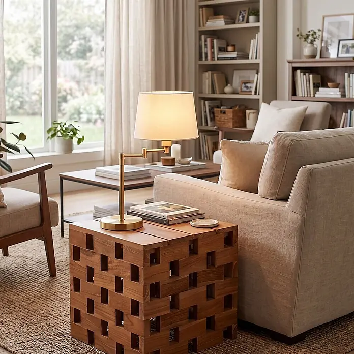 Bene Living Garten-Beistelltisch Dunham - Teakholz, Quadratisch, Natur - Eine messingfarbene Tischleuchte auf einem einzigartigen Holznebentisch neben einem hellen Sofa in einem gemütlichen Wohnzimmer.