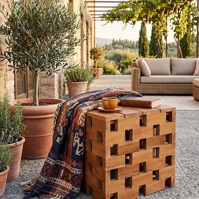 Bene Living Garten-Beistelltisch Dunham - Teakholz, Quadratisch, Natur - Hellbrauner Holztisch mit ineinandergreifendem Blockdesign, im Freien genutzt mit Decke, Tasse und Buch.