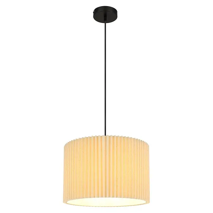 Globo Pendelleuchte Page - Höhe: 1.200 mm, Leistung je Leuchtmittel: 40 W - Schwarze Pendelleuchte mit rundem, plissiertem, beigem Stoffschirm, der warmes Licht abgibt.