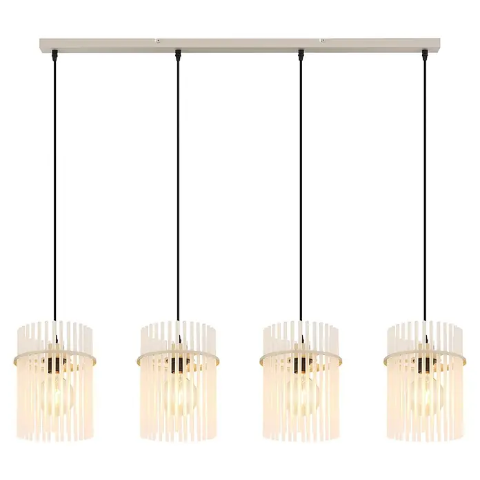 Globo LED-Pendelleuchte Gorley - 60 W, L x B x H: 110 x 20 x 110 cm, Sandfarben - Vierflammige Hängelampe mit hellbeigem rechteckigem Baldachin, schwarzen Kabeln und zylindrischen Schirmen aus weißen vertikalen Lamellen, mit beleuchteten Glühbirnen.