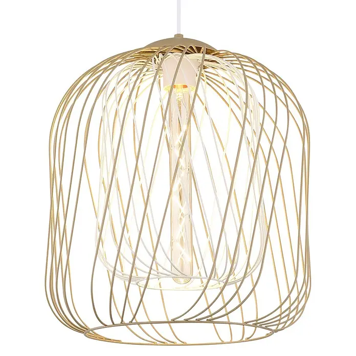 Globo Pendelleuchte Dichti - 40 W, Sandfarben, E27 - Moderne goldfarbene Pendelleuchte mit offenem, spiralförmigem Metallkäfig und sichtbarer Deko-Glühbirne.