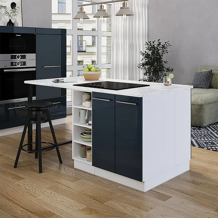 Vicco Inselküche Fame-Line Dunkelblau Hochglanz ohne Arbeitsplatte - Breite: 90 cm, Dunkelblau Hochglanz, Ohne Elektrogeräte - Moderne Kücheninsel in Dunkelblau und Weiß mit Marmoroptik-Arbeitsplatte, integriertem Kochfeld und Bartresen.