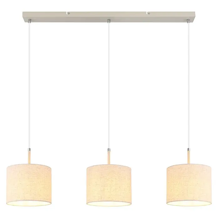 Globo Pendelleuchte Deleon - 40 W, L x B x H: 90 x 20 x 120 cm, Creme, E27 - Dreiflammige Pendelleuchte mit beigefarbenen Stoff-Trommelschirmen und rechteckigem Deckenbalken.