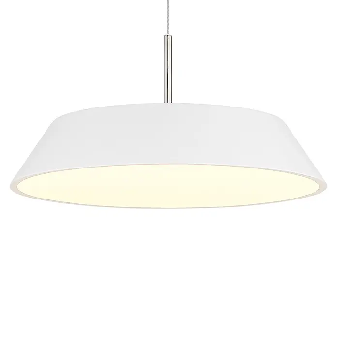 Globo LED-Pendelleuchte rund Silena - 24 W, Ø x H: 40 x 18 cm, Warmweiß - Weiße, konische Pendelleuchte mit warmweißem Licht, aufgehängt an einer schlanken silbernen Stange.