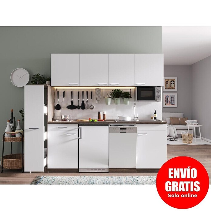 Respekta Composición de cocina (Ancho: 225 cm, Con placa vitrocerámica, Blanco)