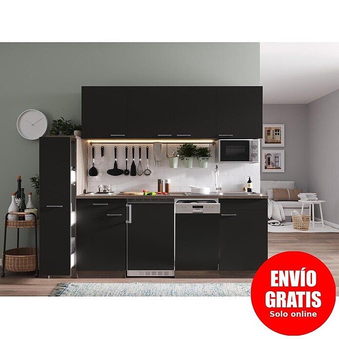 Respekta Composición de cocina (Ancho: 225 cm, Con placa de dos fuegos, Negro)