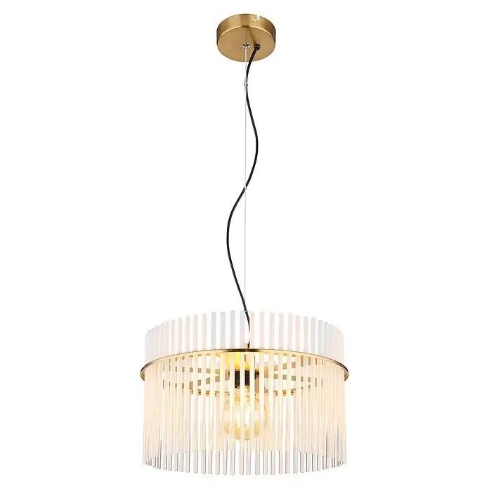 Globo Pendelleuchte Gorley - Höhe: 1.500 mm, Anzahl Leuchtmittel: 1 Stk. - Moderne Hängelampe mit goldener Deckenrosette, schwarzem Kabel und goldenem Rahmen mit vertikalen klaren Stäben, die eine warme Glühbirne beleuchten.