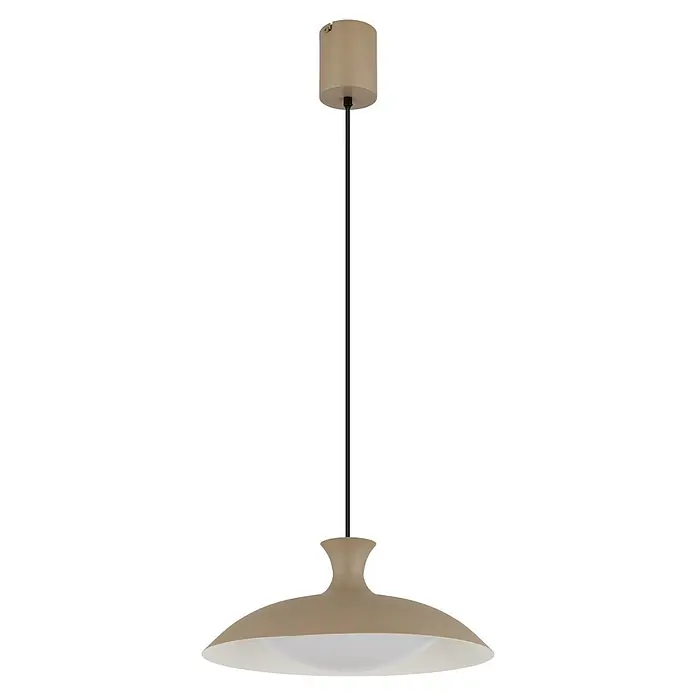 Globo LED-Pendelleuchte rund Rocha - Ø x H: 40 x 150 cm - Beige Pendelleuchte mit zylindrischer Abdeckung, schwarzem Kabel und breitem, flachem Schirm mit weißer Innenseite.