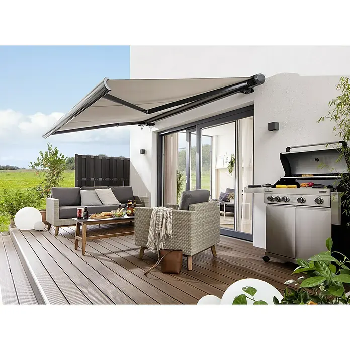 Starlux LED-Außenwandleuchte Umea - 8 W, 10 x 10 x 10 cm, Anthrazit, IP54 - Moderne Terrassengestaltung mit stilvoller Markise, Grill und Sitzgruppe für entspannte Stunden im Freien.