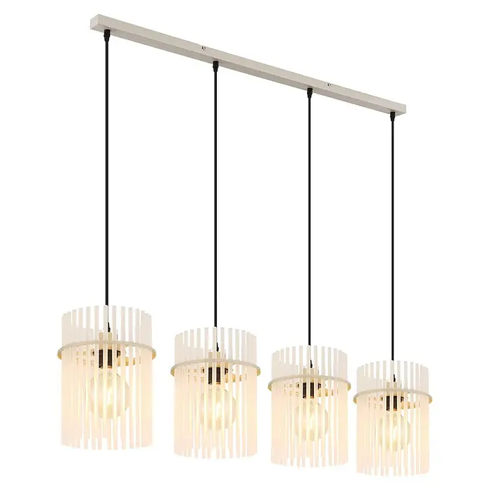 Globo LED-Pendelleuchte Gorley - 60 W, L x B x H: 110 x 20 x 110 cm, Sandfarben - Cremefarbene Pendelleuchte mit vier durchscheinenden weißen Lamellenschirmen und sichtbaren glühenden Glühbirnen.
