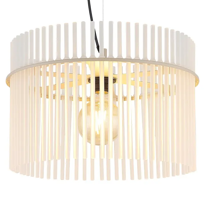 Globo Pendelleuchte rund Gorley - 60 W, Ø x H: 40 x 150 cm, Sandfarben, E27 - Runde, weiße moderne Pendelleuchte mit vertikalen Lamellen und warm leuchtender Edison-Glühbirne.