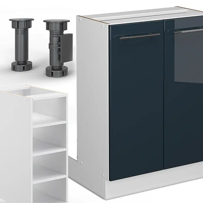 Vicco Inselküche Fame-Line Dunkelblau Hochglanz ohne Arbeitsplatte - Breite: 90 cm, Dunkelblau Hochglanz, Ohne Elektrogeräte - Modularer Küchenunterschrank mit dunkelblauen Türen, Chromgriffen und verstellbaren Füßen zur Montage.