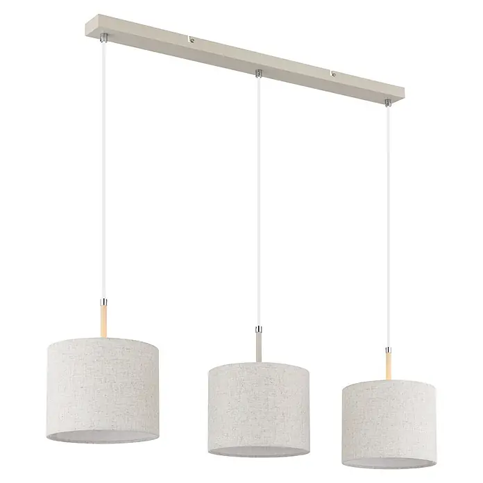 Globo Pendelleuchte Deleon - 40 W, L x B x H: 90 x 20 x 120 cm, Creme, E27 - Lineare Pendelleuchte mit drei beigen Stoff-Trommelschirmen, aufgehängt an einer rechteckigen Stange.