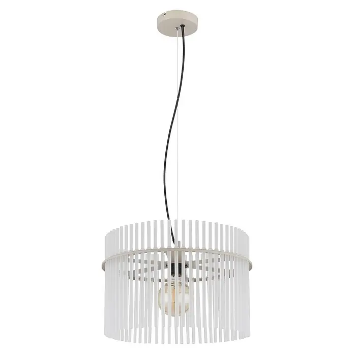 Globo Pendelleuchte rund Gorley - 60 W, Ø x H: 40 x 150 cm, Sandfarben, E27 - Eine moderne beigefarbene Pendelleuchte mit schwarzem Kabel und zylindrischem Schirm aus vertikalen weißen Stäben, der eine Edison-Glühbirne beherbergt.