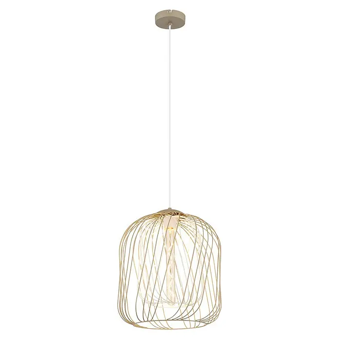 Globo Pendelleuchte Dichti - 40 W, Sandfarben, E27 - Beige Pendelleuchte aus Metallgitter mit beleuchteter Deko-Glühbirne und weißem Kabel.